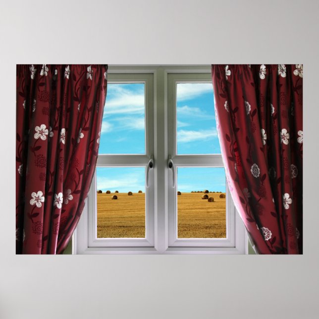 Aussicht von Fenster auf Bauernhöfe Poster (Vorne)