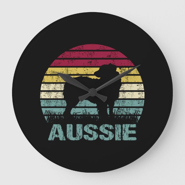 Aussie Australian Shepherd Retro Silhouette Große Wanduhr (Vorderseite)