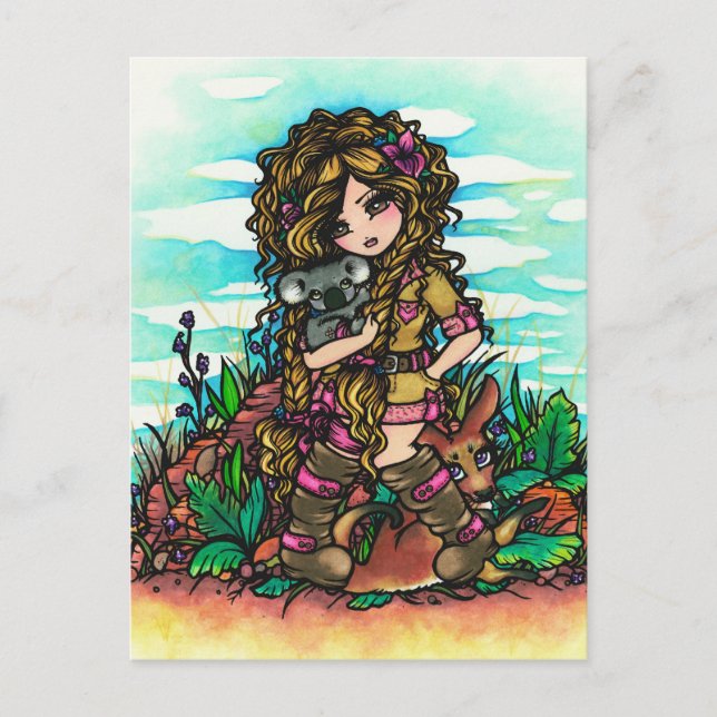 Aussie Girl Koala Kangaroo Comic Art Postcard Postkarte (Vorderseite)