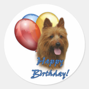 Aussie Terrier Happy Birthday Balloons Runder Aufkleber