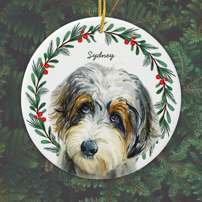 Aussiedoodle Christmas Wreath Personalisiert Keramik Ornament (Add Dog's name, or other short text, or delete text if not required. )