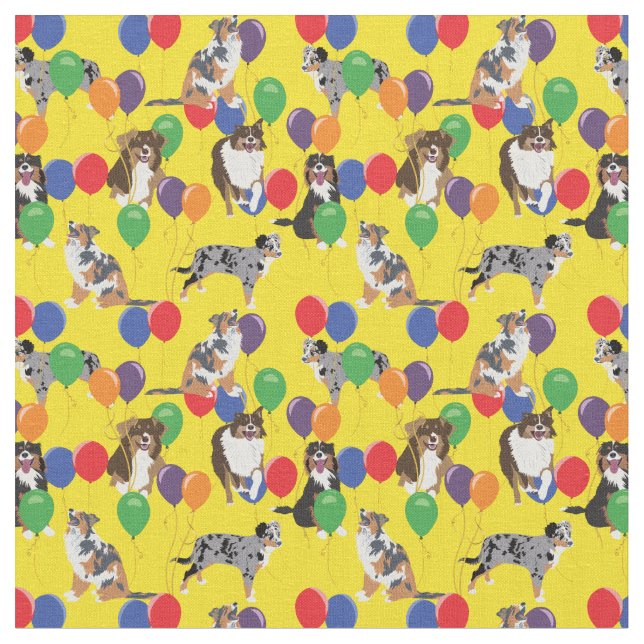 Aussies Australian Shelpherds and Party Balloons Stoff (Nahaufnahme)