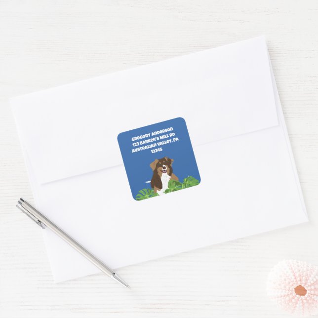 Aussies Australian Shepherd Dogs Tropical Leaves Quadratischer Aufkleber (Umschlag)