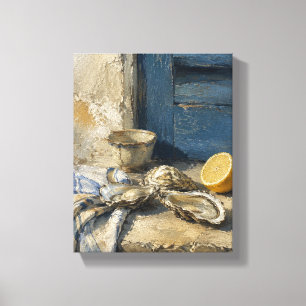 Austern am blauen Fensterladen Mediterrane Stilleb Leinwanddruck