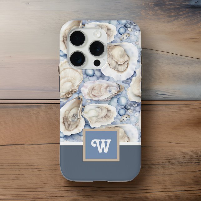 Austern in Pearls Blue Gray Tan Monogram Initial Case-Mate iPhone Hülle (Von Creator hochgeladen)