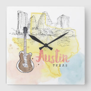 Austin, Aquarell-Skizze Texas   Quadratische Wanduhr
