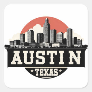 Austin City Texas Skyline Retro Black & White Art Quadratischer Aufkleber