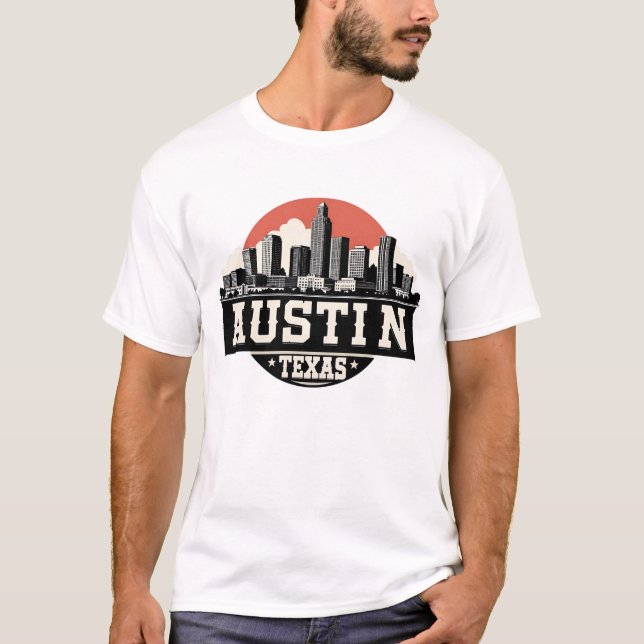 Austin City Texas Skyline Retro Black & White Art T-Shirt (Vorderseite)