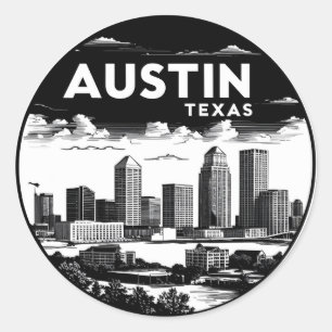 Austin City Texas Skyline Retro Schwarz-Weiß-Kunst Runder Aufkleber