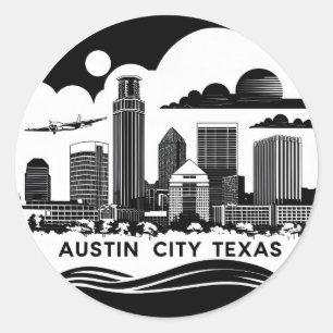Austin City Texas Skyline Retro Schwarz-Weiß-Kunst Runder Aufkleber