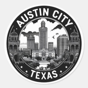 Austin City Texas Skyline Retro Schwarz-Weiß-Kunst Runder Aufkleber