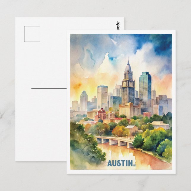 Austin City Watercolor-Malerei Postkarte (Vorne/Hinten)