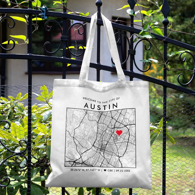 Austin Liebe Locator | City Map Wedding Welcome Tragetasche (The more complete visual of what your final Austin Map tote bag would look like in real life.)