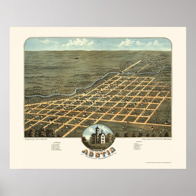 Austin, MN Panorama Karte - 1870 Poster (Vorne)
