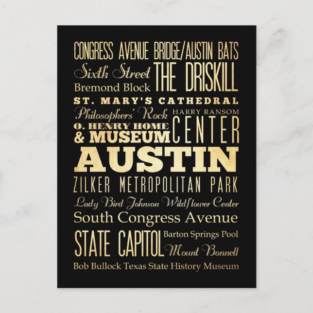 Austin Stadt Texas Staat Typografie Kunst Postkarte (Vorderseite)