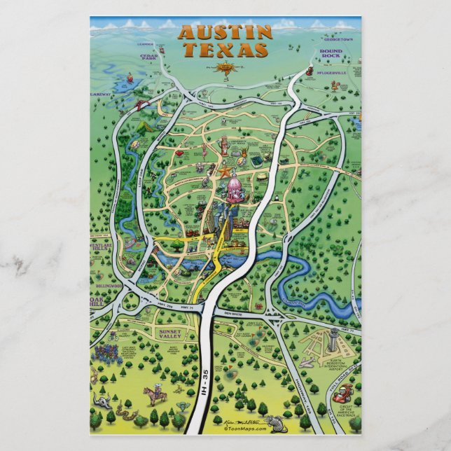 Austin Texas Cartoon Map Briefpapier (Vorderseite)