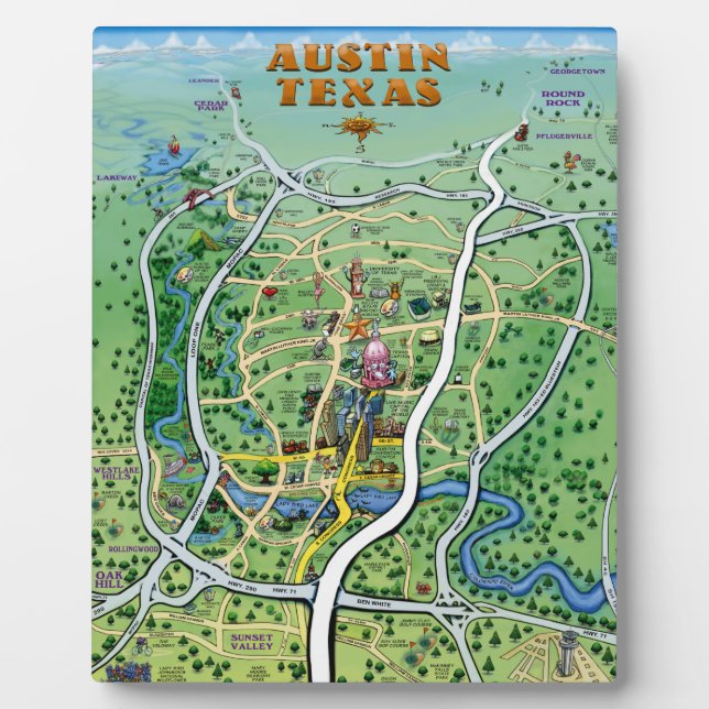 Austin Texas Cartoon Map Fotoplatte (Vorderseite)