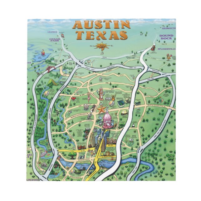 Austin Texas Cartoon Map Notizblock (Vorderseite)