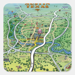 Austin Texas Cartoon Map Quadratischer Aufkleber