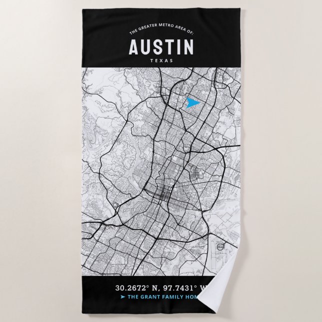 Austin, Texas City Map + Ihre individuelle Lage Strandtuch (Vorderseite)