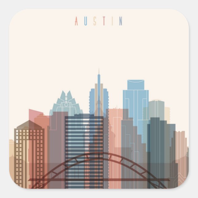 Austin, Texas | City Skyline Quadratischer Aufkleber (Vorderseite)