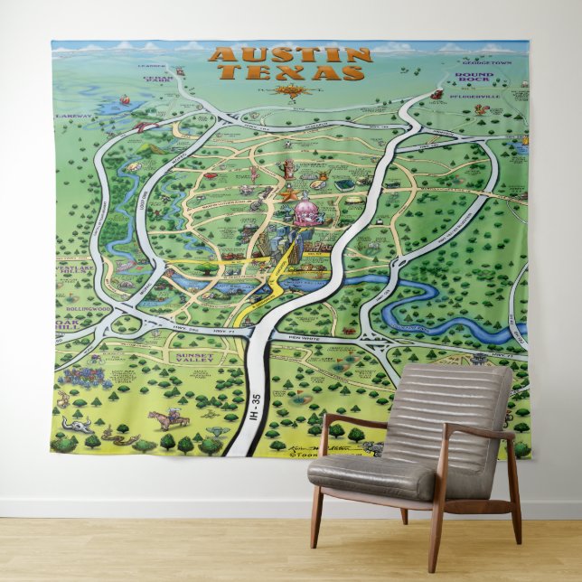Austin Texas Fun Map Tapestry Wandteppich (Beispiel (Horizontal))