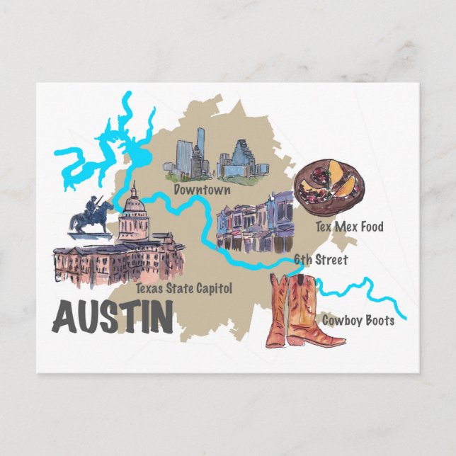 Austin Texas Map Postkarte (Vorderseite)