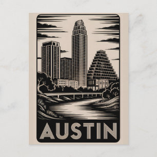 Austin Texas Skyline Schwarz Weiß Holzschnitt Feiertagspostkarte