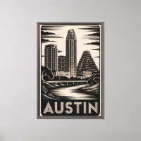 Austin Texas Skyline Schwarz Weiß Holzschnitt