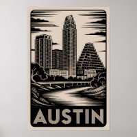 Austin Texas Skyline Schwarz Weiß Holzschnitt