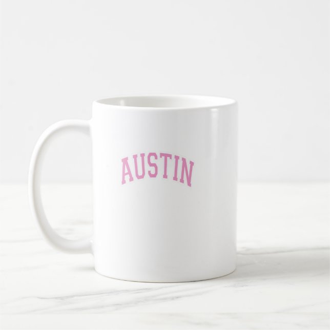 Austin Texas Tx Varsity Style Pink Text Kaffeetasse (Links)