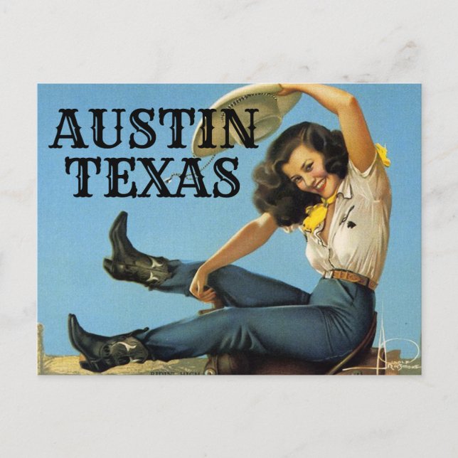 Austin Texas Vintage Reise Cowgirl Postkarte (Vorderseite)