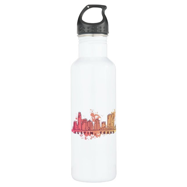 Austin Texas Watercolor Skyline Edelstahlflasche (Vorderseite)