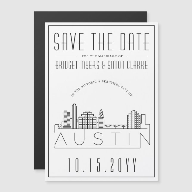 Austin Wedding | Stilisierte Skyline Save the Date Magneteinladung (Vorne/Hinten)