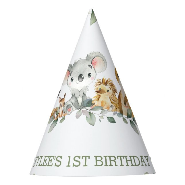 Australian Animal Greenery 1st Birthday Boy Girl Partyhütchen (Vorderseite)