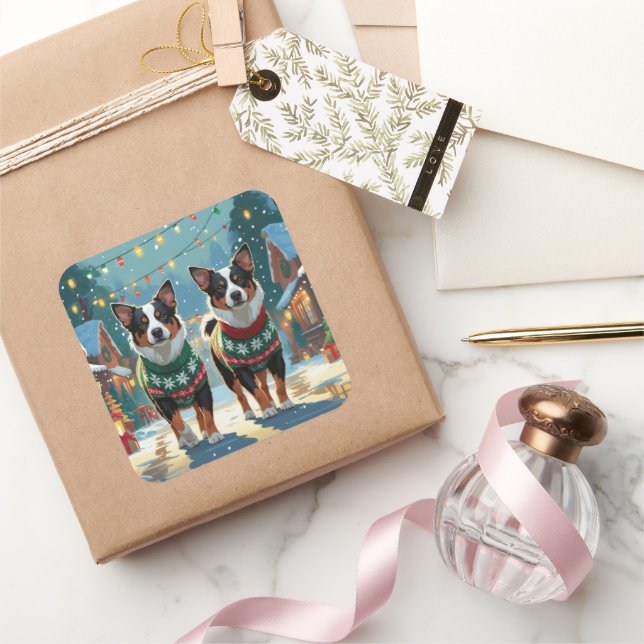 Australian Cattle Dogs Christmas Snow Holiday Quadratischer Aufkleber (Schenken)