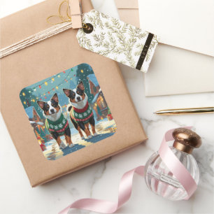 Australian Cattle Dogs Weihnachten Schnee Urlaub Quadratischer Aufkleber