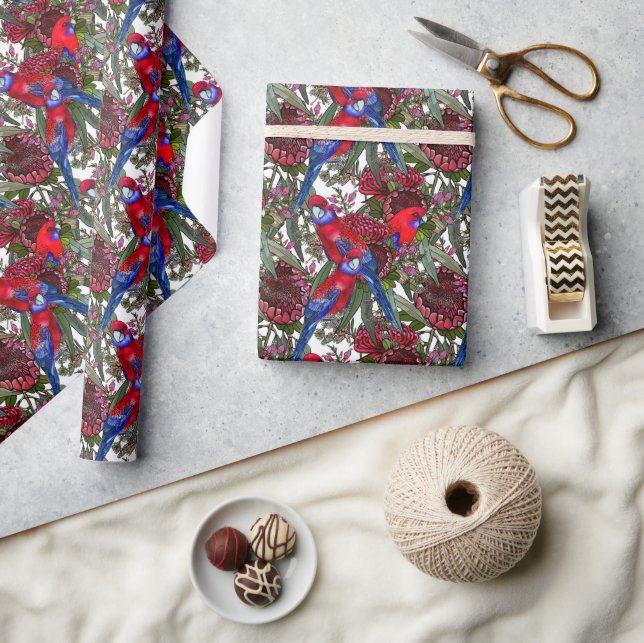 Australian Crimson Rosella und Wildblume Muster Geschenkpapier (Basteln)
