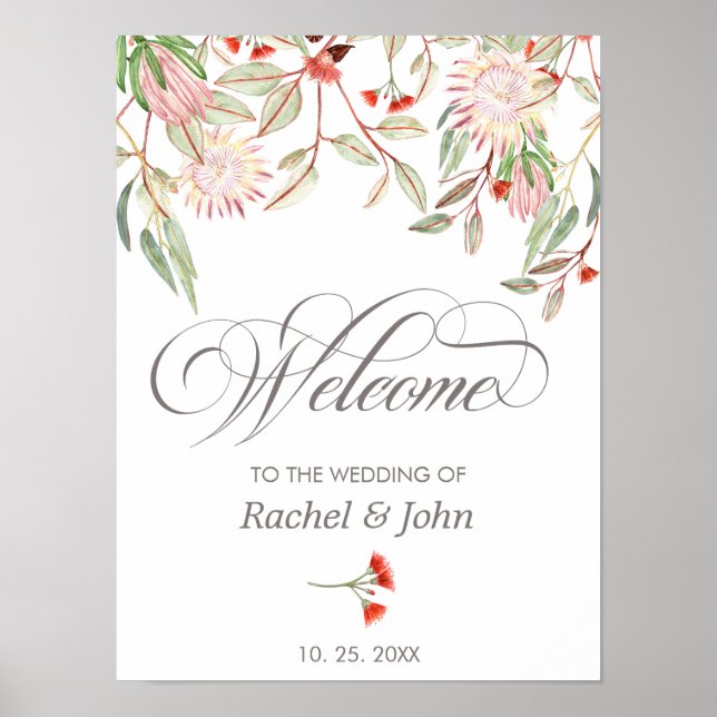 Australian Floral Gray Calligraphy Welcome Wedding Poster (Vorne)