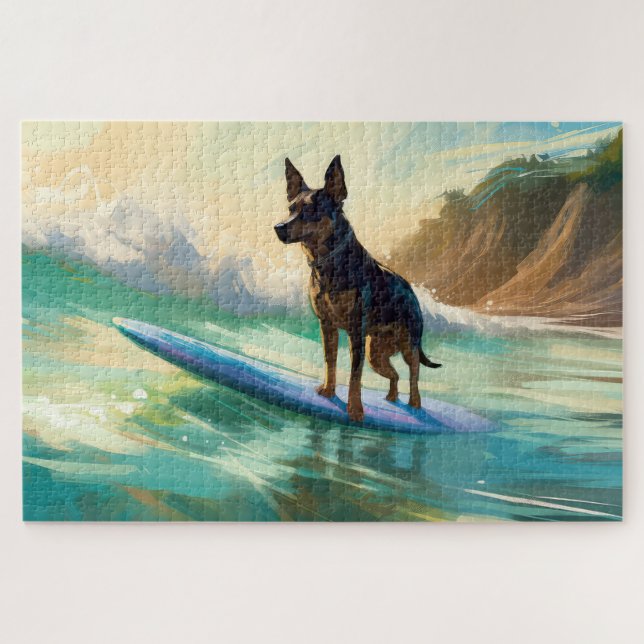 Australian Kelpie Beach Surfing Painting (Horizontal)