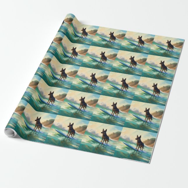 Australian Kelpie Beach Surfing Painting Geschenkpapier (Ungerollt)