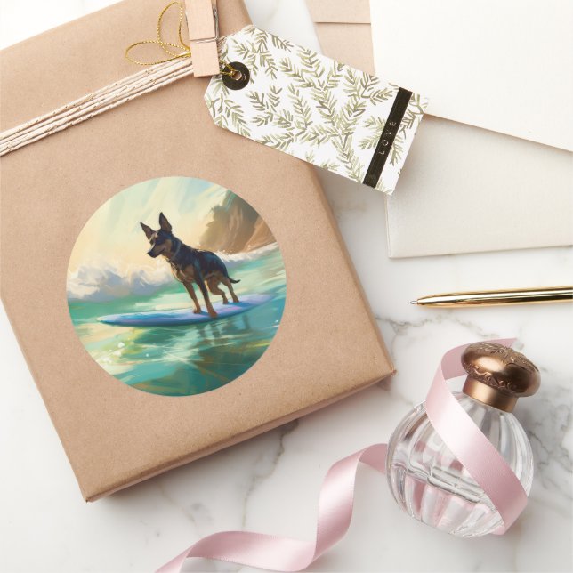 Australian Kelpie Beach Surfing Painting Runder Aufkleber (Schenken)
