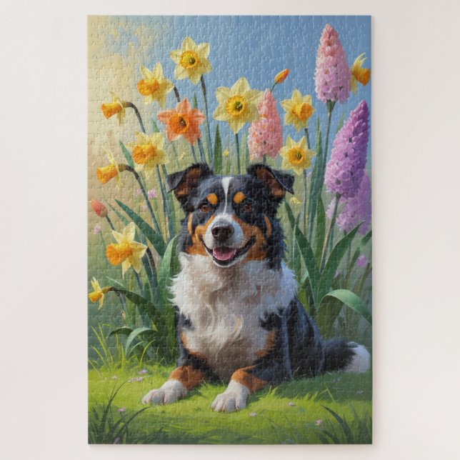 Australian Kelpie Dog Spring Flowers Malerei (Vertikal)