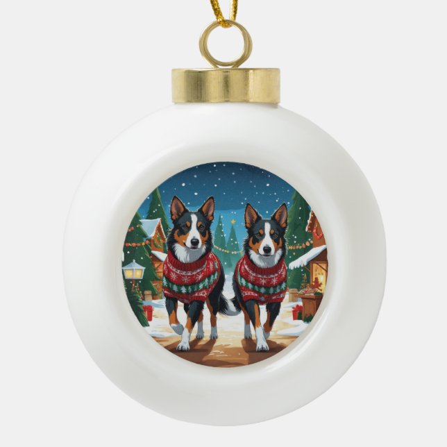 Australian Kelpie Dogs Christmas Snow Holiday Keramik Kugel-Ornament (Vorderseite)