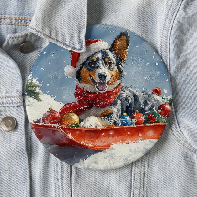 Australian Kelpie in Sledge Let it Snow Christmas Button (Beispiel)