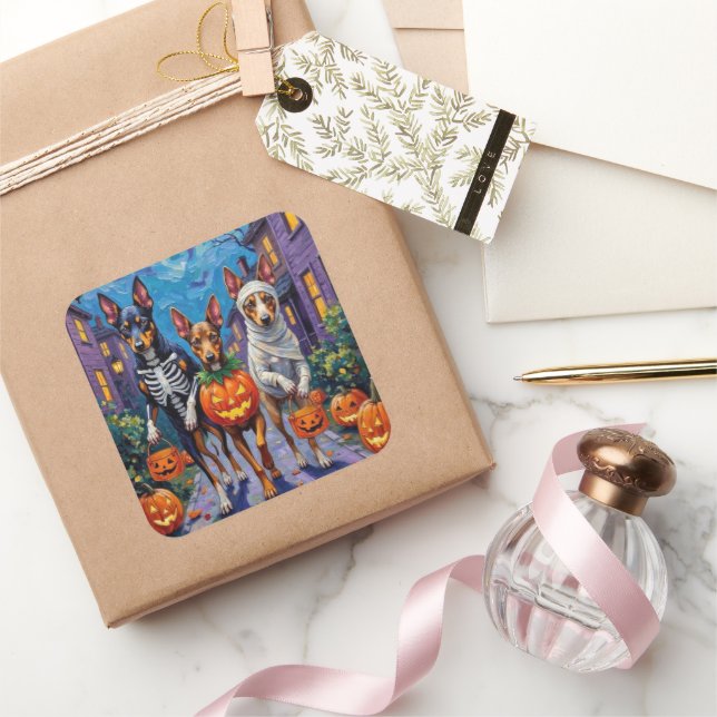 Australian Kelpie Trick-or-Treating Halloween Quadratischer Aufkleber (Schenken)