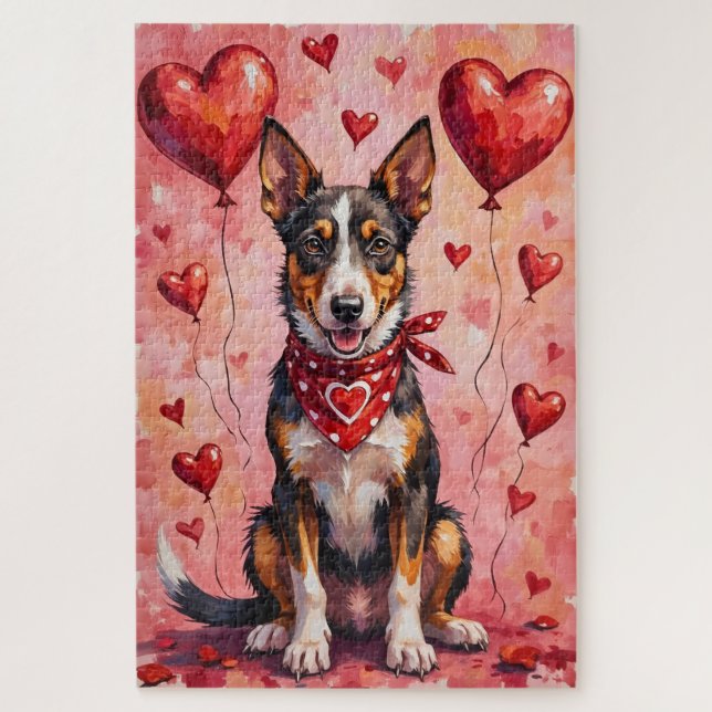Australian Kelpie Valentine Dog Art with Hearts (Vertikal)