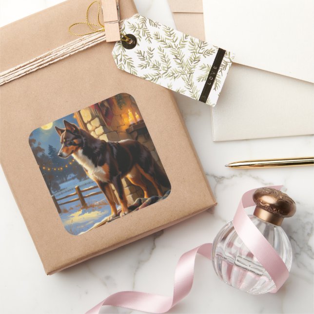 Australian Kelpie With Christmas Lights Holiday Quadratischer Aufkleber (Schenken)