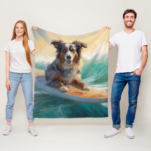 Australian Shepherd Beach Surfing Painting Fleecedecke (Beispiel)