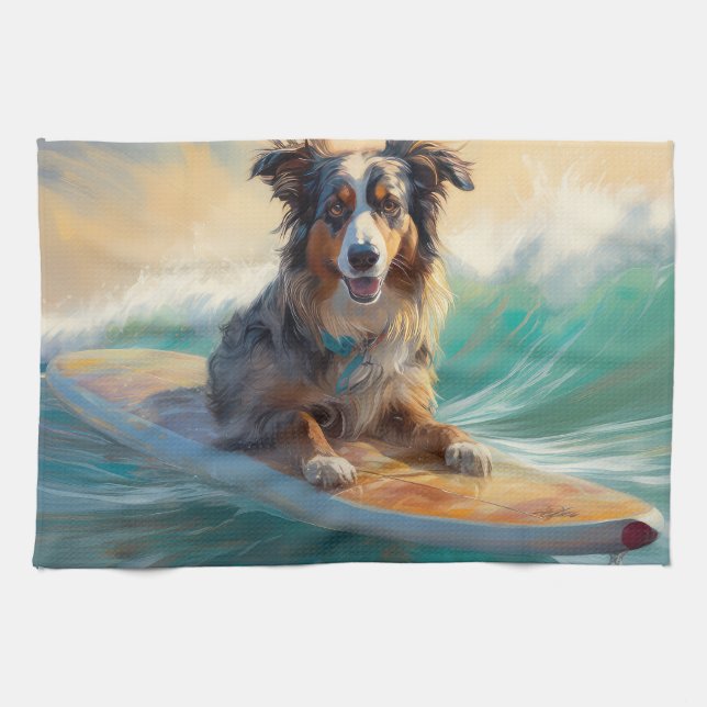 Australian Shepherd Beach Surfing Painting Geschirrtuch (Horizontal)